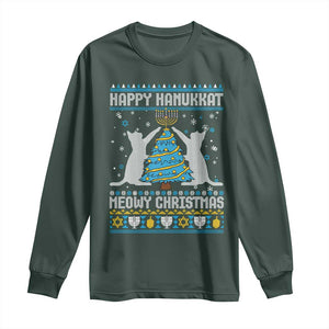 Hanukkah Christmas Cat Long Sleeve Shirt Happy Hanukkat Meowy Christmas TS09 Dark Forest Green Print Your Wear