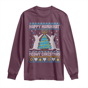 Hanukkah Christmas Cat Long Sleeve Shirt Happy Hanukkat Meowy Christmas TS09 Maroon Print Your Wear