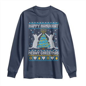 Hanukkah Christmas Cat Long Sleeve Shirt Happy Hanukkat Meowy Christmas TS09 Navy Print Your Wear