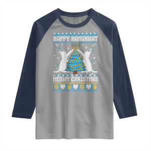 Hanukkah Christmas Cat Raglan Shirt Happy Hanukkat Meowy Christmas TS09 Sport Gray Navy Print Your Wear