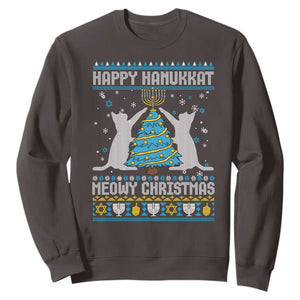 Hanukkah Christmas Cat Sweatshirt Happy Hanukkat Meowy Christmas TS09 Dark Chocolate Print Your Wear