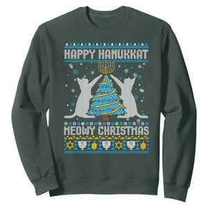 Hanukkah Christmas Cat Sweatshirt Happy Hanukkat Meowy Christmas TS09 Dark Forest Green Print Your Wear