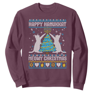 Hanukkah Christmas Cat Sweatshirt Happy Hanukkat Meowy Christmas TS09 Maroon Print Your Wear