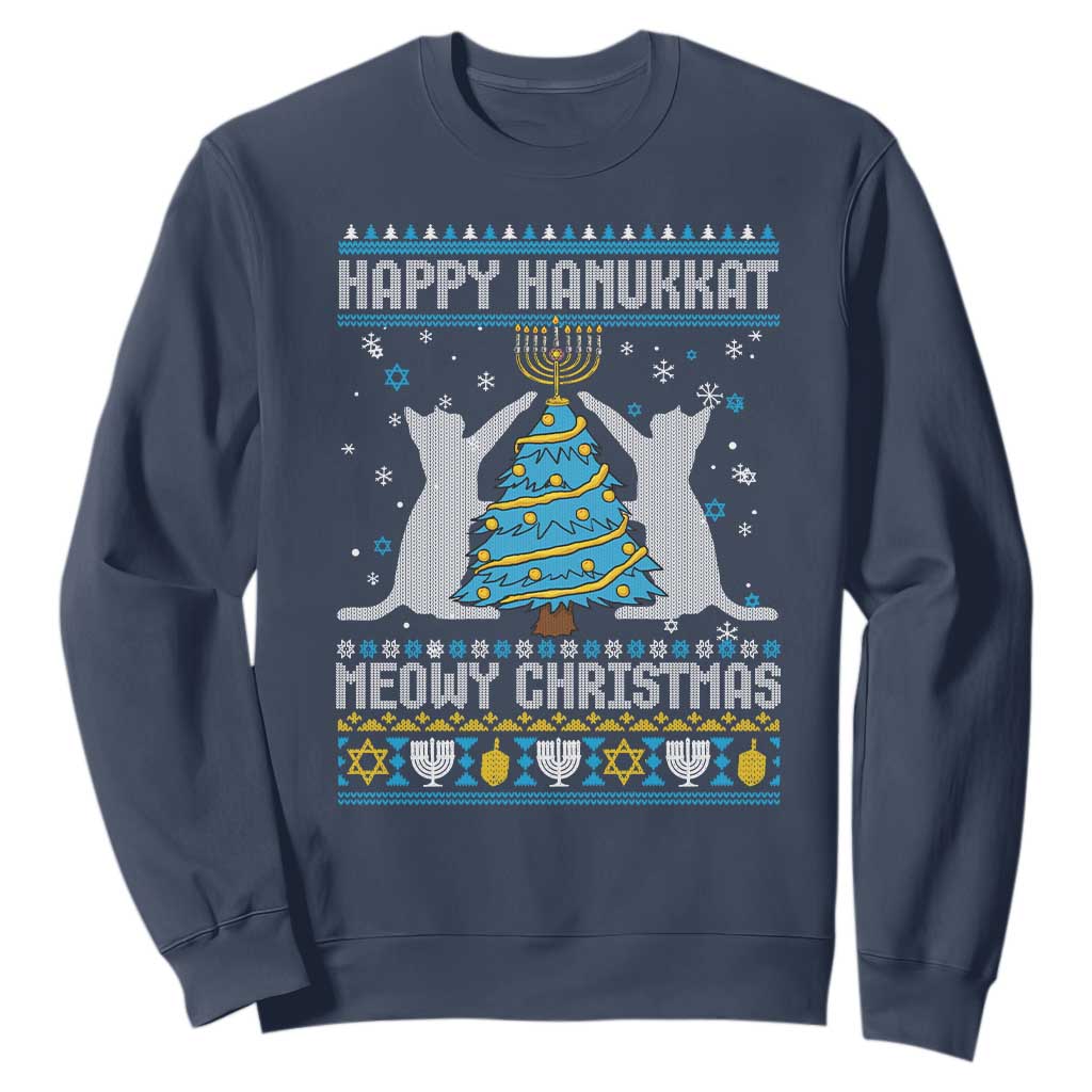 Hanukkah Christmas Cat Sweatshirt Happy Hanukkat Meowy Christmas TS09 Navy Print Your Wear