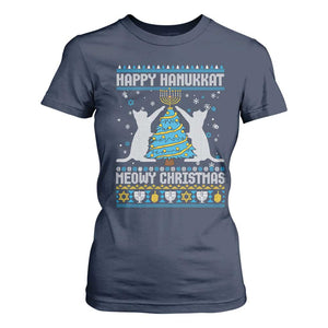 Hanukkah Christmas Cat T Shirt For Women Happy Hanukkat Meowy Christmas TS09 Navy Print Your Wear