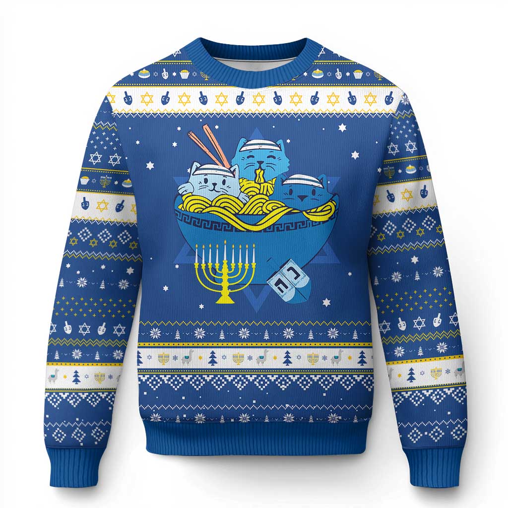 Funny Jewish Cat Hanukkah Ugly Sweater Kawaii Cat Eating Ramen Anime Kitten TS09 Blue White Print Your Wear