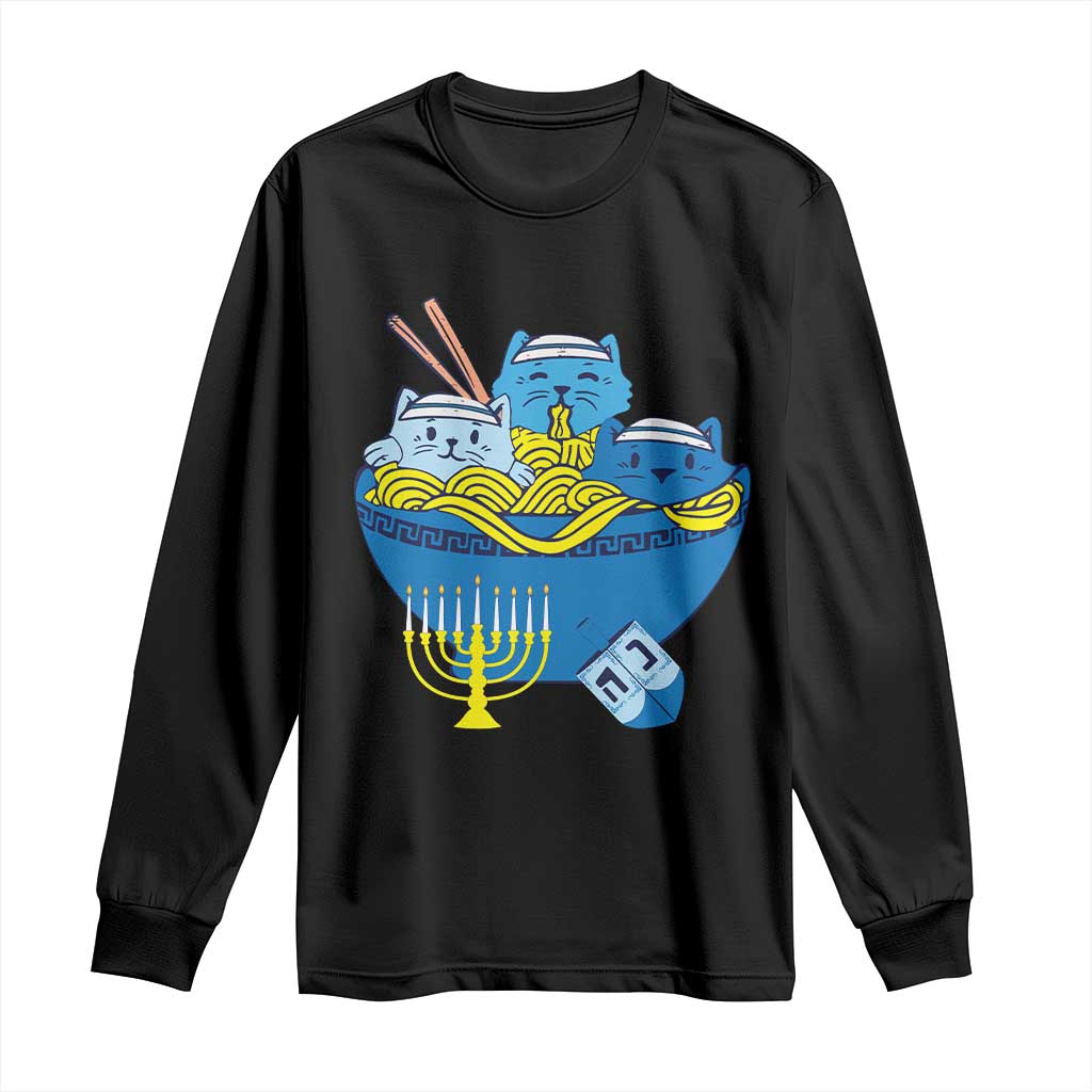 Funny Hanukkah Cat Long Sleeve Shirt Kawaii Cat Eating Ramen Anime Jewish Kitten TS09 Black Print Your Wear