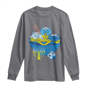 Funny Hanukkah Cat Long Sleeve Shirt Kawaii Cat Eating Ramen Anime Jewish Kitten TS09 Charcoal Print Your Wear