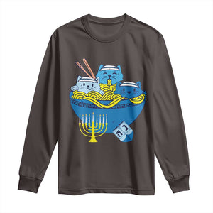 Funny Hanukkah Cat Long Sleeve Shirt Kawaii Cat Eating Ramen Anime Jewish Kitten TS09 Dark Chocolate Print Your Wear