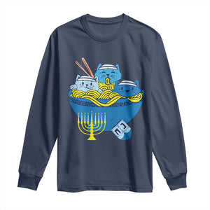 Funny Hanukkah Cat Long Sleeve Shirt Kawaii Cat Eating Ramen Anime Jewish Kitten TS09 Navy Print Your Wear