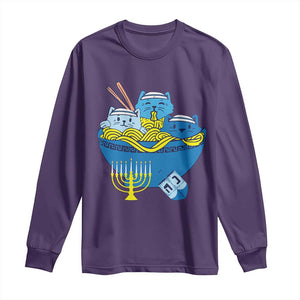 Funny Hanukkah Cat Long Sleeve Shirt Kawaii Cat Eating Ramen Anime Jewish Kitten TS09 Purple Print Your Wear