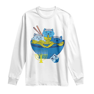 Funny Hanukkah Cat Long Sleeve Shirt Kawaii Cat Eating Ramen Anime Jewish Kitten TS09 White Print Your Wear