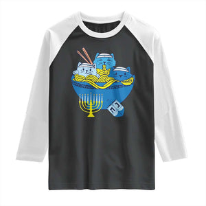 Funny Hanukkah Cat Raglan Shirt Kawaii Cat Eating Ramen Anime Jewish Kitten TS09 Black White Print Your Wear