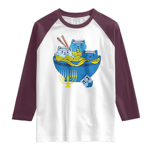 Funny Hanukkah Cat Raglan Shirt Kawaii Cat Eating Ramen Anime Jewish Kitten TS09 White Maroon Print Your Wear