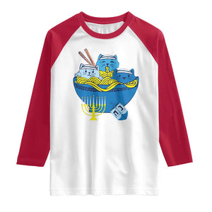 Funny Hanukkah Cat Raglan Shirt Kawaii Cat Eating Ramen Anime Jewish Kitten TS09 White Red Print Your Wear