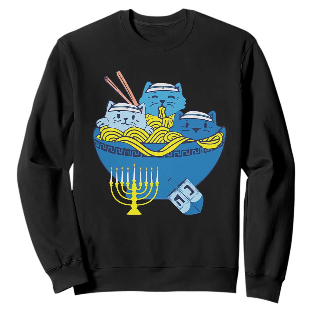 Funny Hanukkah Cat Sweatshirt Kawaii Cat Eating Ramen Anime Jewish Kitten TS09 Black Print Your Wear