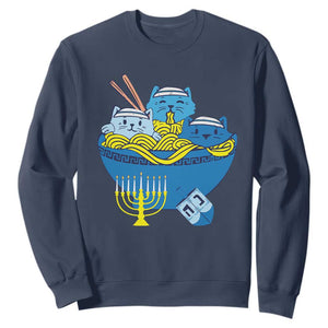 Funny Hanukkah Cat Sweatshirt Kawaii Cat Eating Ramen Anime Jewish Kitten TS09 Navy Print Your Wear