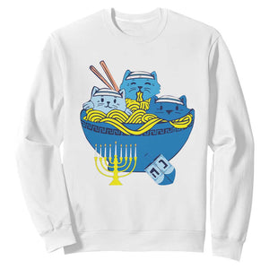 Funny Hanukkah Cat Sweatshirt Kawaii Cat Eating Ramen Anime Jewish Kitten TS09 White Print Your Wear