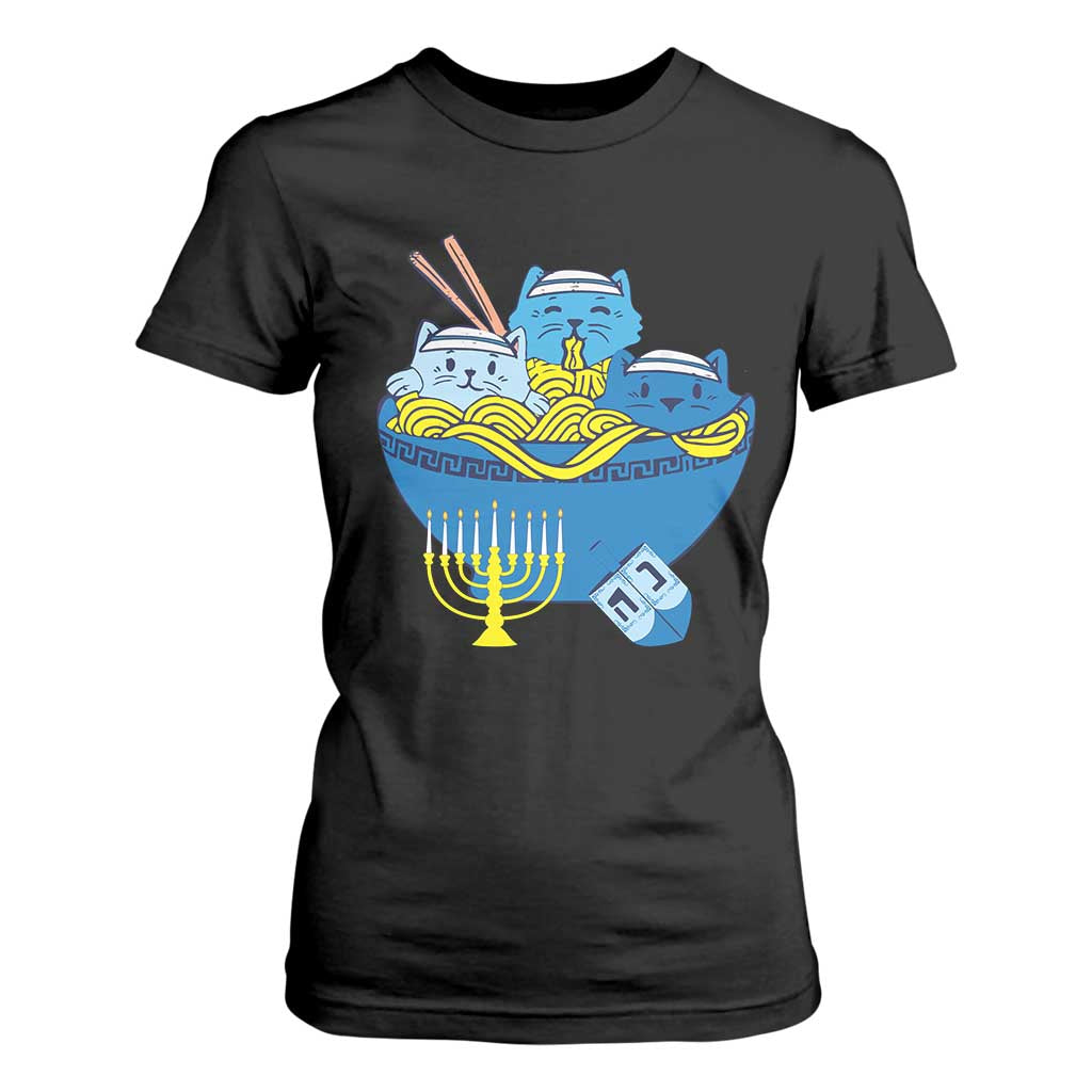 Funny Hanukkah Cat T Shirt For Women Kawaii Cat Eating Ramen Anime Jewish Kitten TS09 Black Print Your Wear