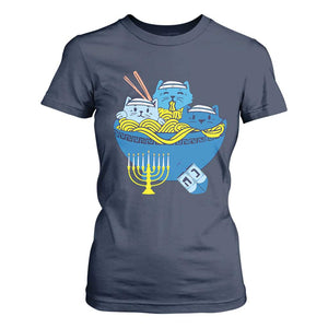 Funny Hanukkah Cat T Shirt For Women Kawaii Cat Eating Ramen Anime Jewish Kitten TS09 Navy Print Your Wear