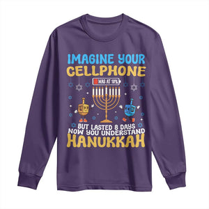 Funny Hanukkah Long Sleeve Shirt Imagine Cellphone Was At 10 Percent TS09 Purple Print Your Wear