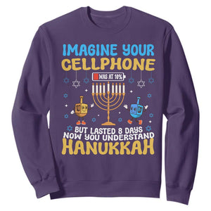 Funny Hanukkah Sweatshirt Imagine Cellphone Was At 10 Percent TS09 Purple Print Your Wear