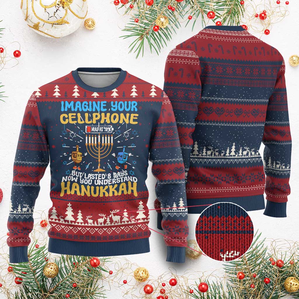 Funny Hanukkah Ugly Christmas Sweater Imagine Cellphone Was At 10 Percent TS09 Burgundy Print Your Wear