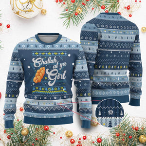 Funny Hanukkah Ugly Sweater Challah At Ya Girl TS09 Navy Light Blue Print Your Wear