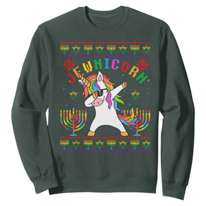 Funny Hanukkah Sweatshirt Jewnicorn Jewish Unicorn Rainbow TS09 Dark Forest Green Print Your Wear