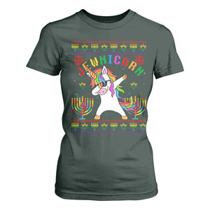 Funny Hanukkah T Shirt For Women Jewnicorn Jewish Unicorn Rainbow TS09 Dark Forest Green Print Your Wear