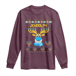 Funny Hanukkah Long Sleeve Shirt Jewdolph Jewish Reindeer Menorah TS09 Maroon Print Your Wear