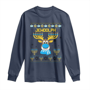 Funny Hanukkah Long Sleeve Shirt Jewdolph Jewish Reindeer Menorah TS09 Navy Print Your Wear