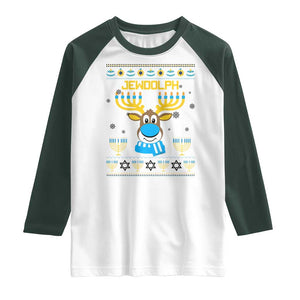 Funny Hanukkah Raglan Shirt Jewdolph Jewish Reindeer Menorah TS09 White Dark Forest Green Print Your Wear