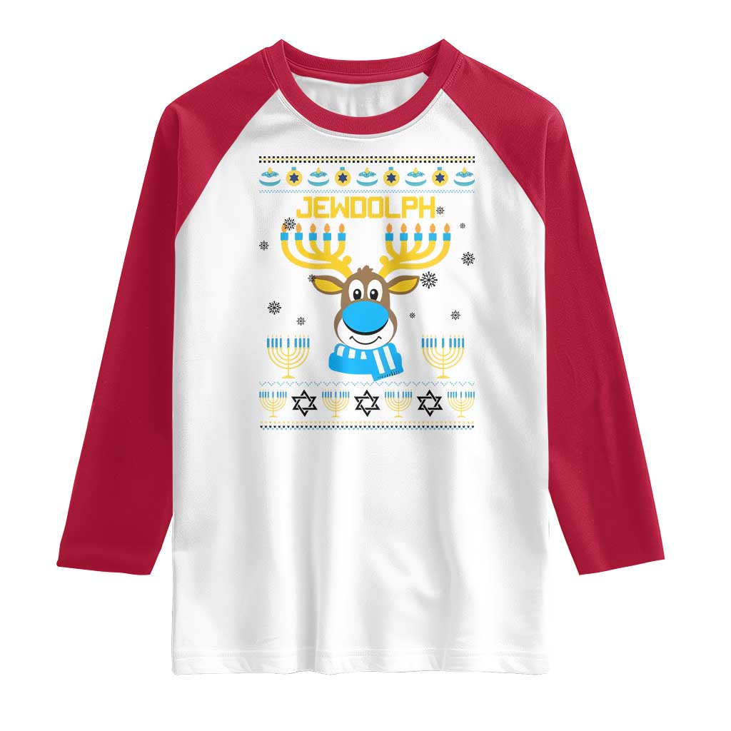 Funny Hanukkah Raglan Shirt Jewdolph Jewish Reindeer Menorah TS09 White Red Print Your Wear