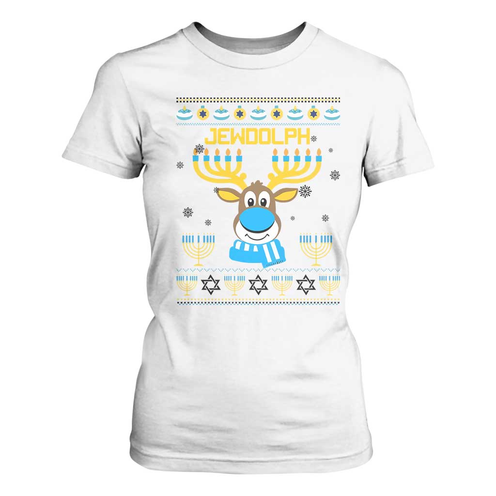 Funny Hanukkah T Shirt For Women Jewdolph Jewish Reindeer Menorah TS09 White Print Your Wear