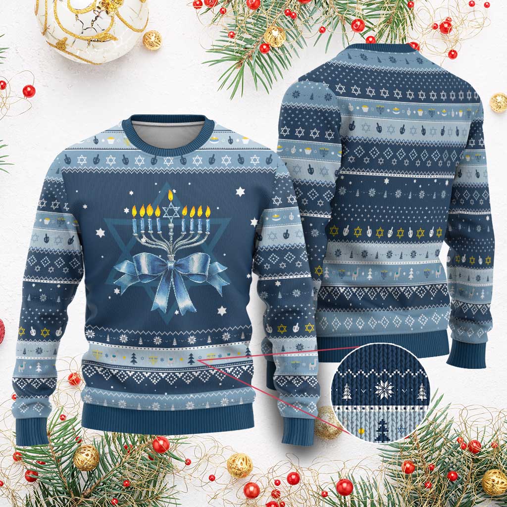 Menorah Jewish Coquette Bow Hanukkah Ugly Sweater TS09 Navy Light Blue Print Your Wear