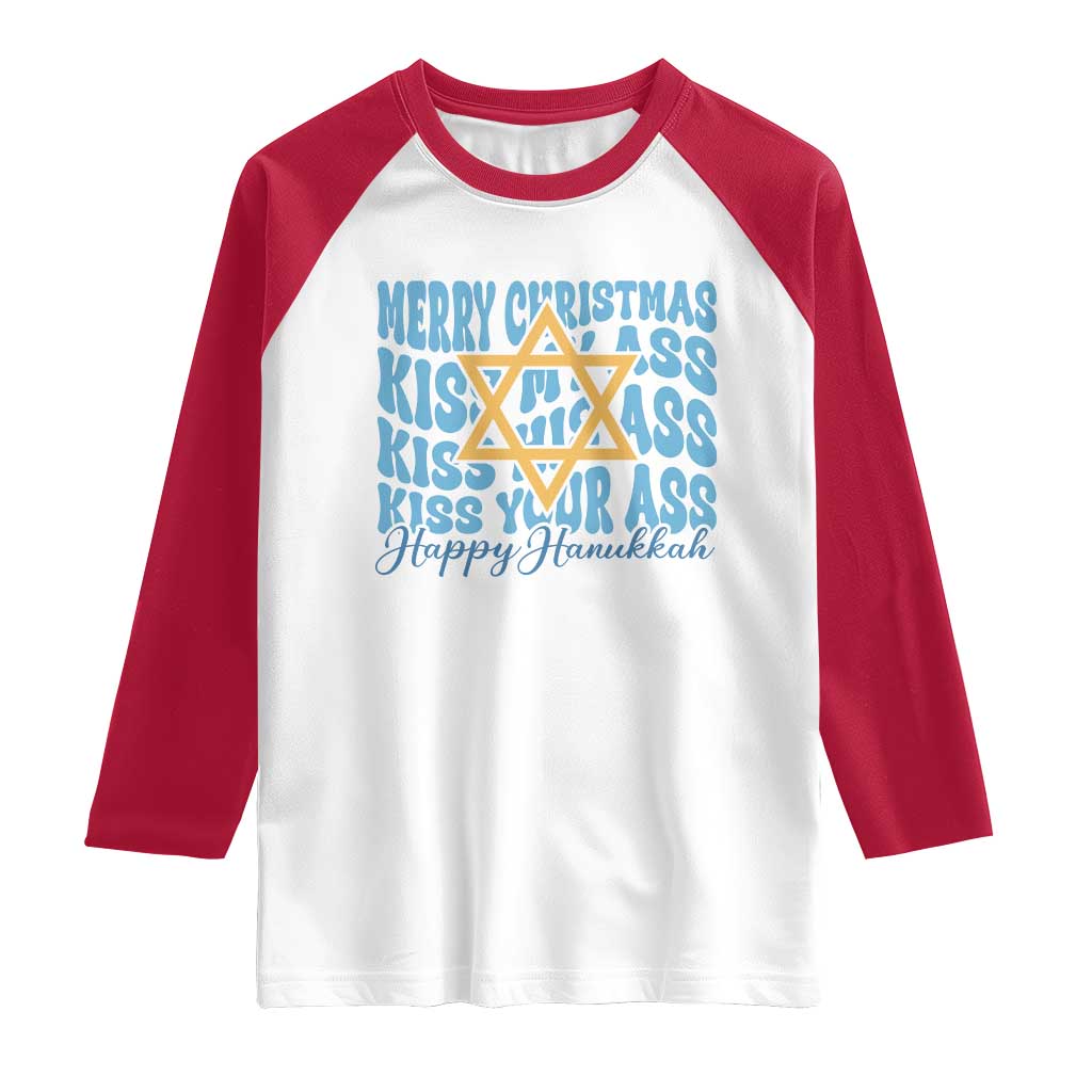 Funny Hanukkah Raglan Shirt Kiss My Ass Kiss His Ass Kiss Your Ass TS09 White Red Print Your Wear