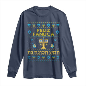 Funny Hanukkah Long Sleeve Shirt Feliz Januca Ladino Jewish Sephardic TS09 Navy Print Your Wear