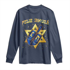 Funny Hanukkah Long Sleeve Shirt Feliz Januca Jewish Sephardic Ladino TS09 Navy Print Your Wear