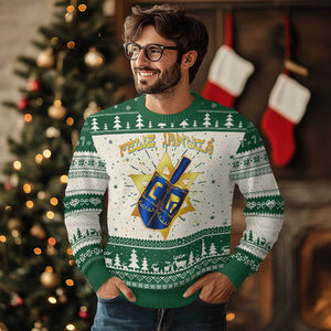 Funny Hanukkah Ugly Christmas Sweater Feliz Januca Jewish Sephardic Ladino TS09 Green Print Your Wear