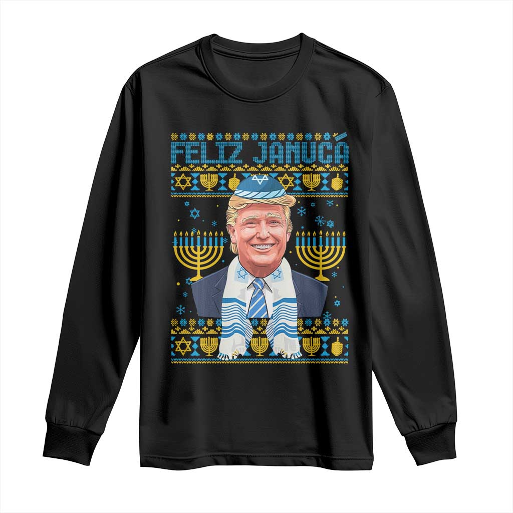 Funny Hanukkah Trump Long Sleeve Shirt Feliz Januca Jewish Sephardic Ladino TS09 Black Print Your Wear