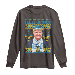 Funny Hanukkah Trump Long Sleeve Shirt Feliz Januca Jewish Sephardic Ladino TS09 Dark Chocolate Print Your Wear