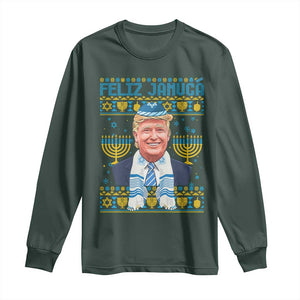 Funny Hanukkah Trump Long Sleeve Shirt Feliz Januca Jewish Sephardic Ladino TS09 Dark Forest Green Print Your Wear