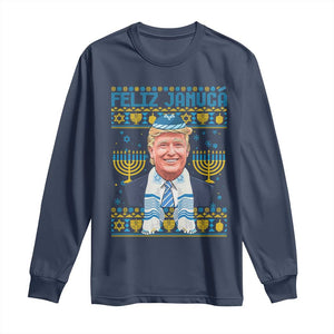 Funny Hanukkah Trump Long Sleeve Shirt Feliz Januca Jewish Sephardic Ladino TS09 Navy Print Your Wear