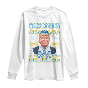 Funny Hanukkah Trump Long Sleeve Shirt Feliz Januca Jewish Sephardic Ladino TS09 White Print Your Wear