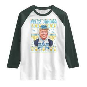 Funny Hanukkah Trump Raglan Shirt Feliz Januca Jewish Sephardic Ladino TS09 White Dark Forest Green Print Your Wear