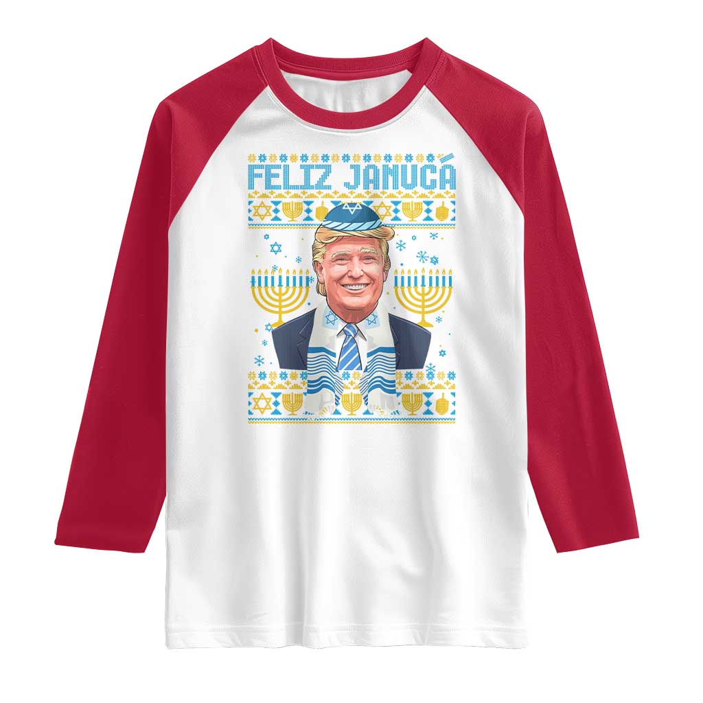 Funny Hanukkah Trump Raglan Shirt Feliz Januca Jewish Sephardic Ladino TS09 White Red Print Your Wear