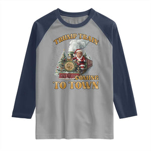 Funny Trump Xmas Raglan Shirt Santa Trump Train Coming To Town TS09 Sport Gray Navy Print Your Wear