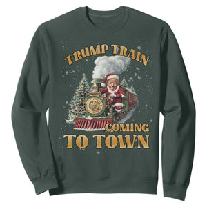 Funny Trump Xmas Sweatshirt Santa Trump Train Coming To Town TS09 Dark Forest Green Print Your Wear