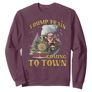 Funny Trump Xmas Sweatshirt Santa Trump Train Coming To Town TS09 Maroon Print Your Wear